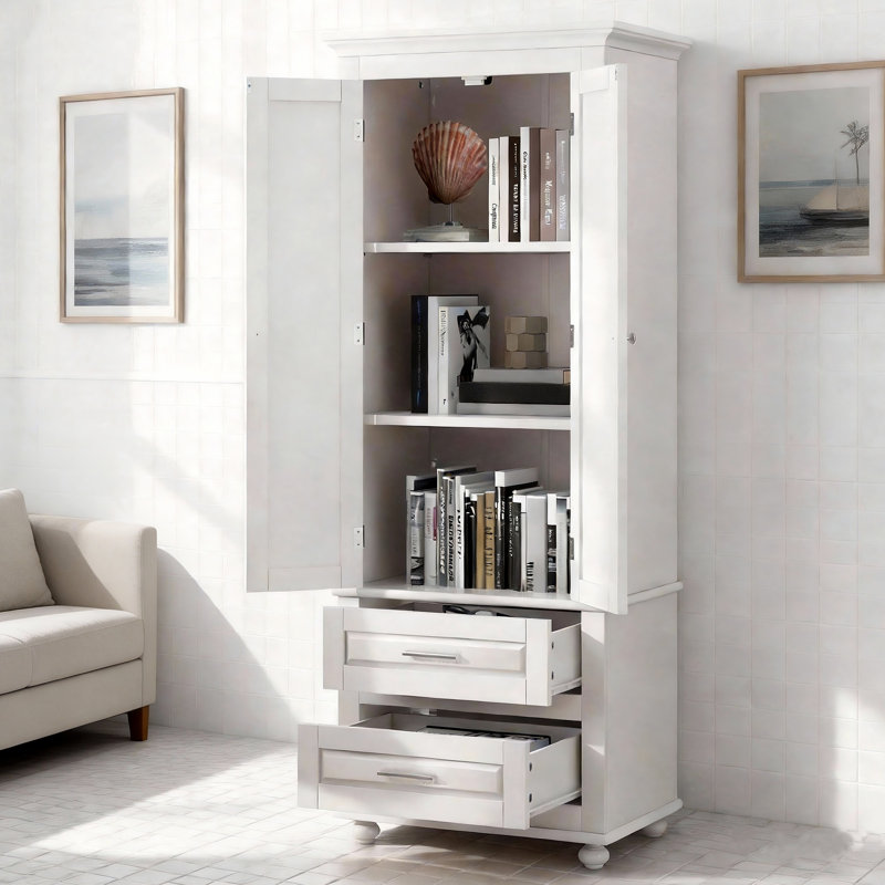 Space-saving Tall Storage Cabinet With Two Drawers For Bathroom Or Office, White