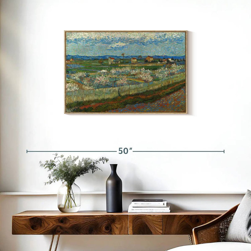 Pêcher en fleur, Cadre flottant en bois naturel, 31 po x 21 po
