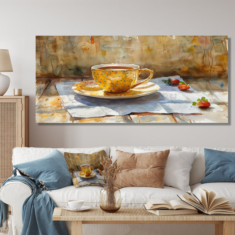 «White Beige Cozy Cup Of Coffee II», impression d'art mural café, Toile tendue, H 28 po x l 60 po