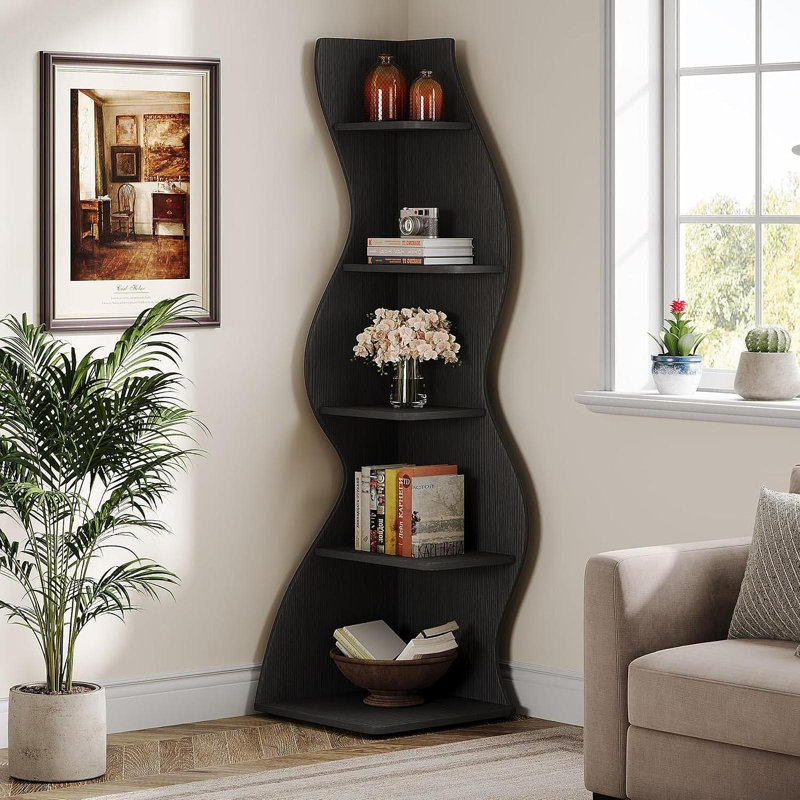 Bibliothèque et support d'angle pour salle de séjour, Noir, (5 tablettes) H 70,87 po x l 11,81 po x P 11,81 po