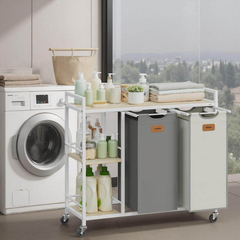 Metal Rolling Laundry Basket with Handles, Natural Beige/Dove Grey/Cream White