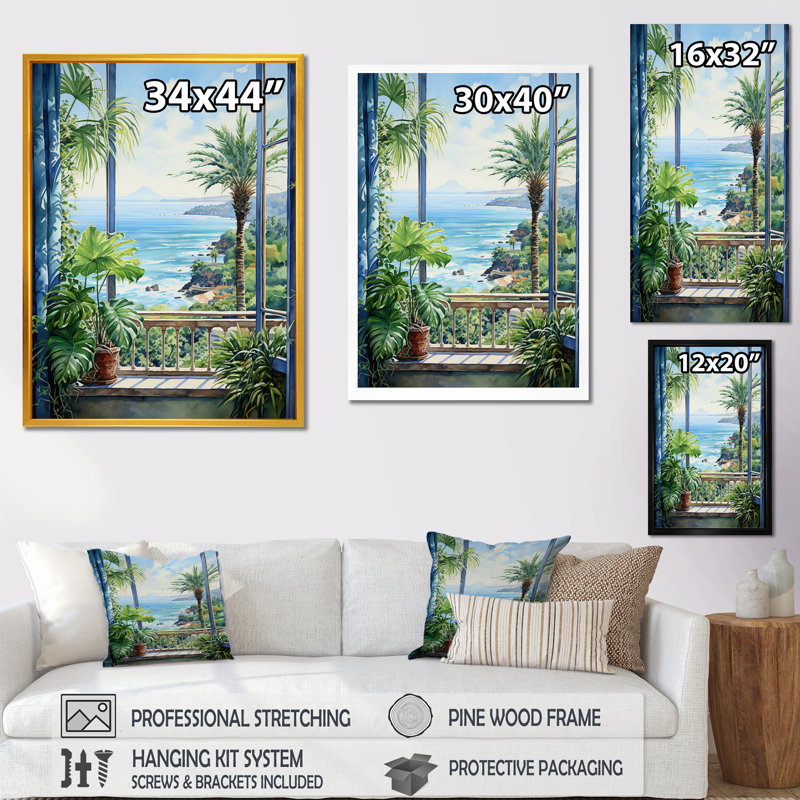 «Tropical Windows To The Beach II - Coastal Windows», art mural, Cadre flottant noir, H 32 po x l 24 po x P 1 po