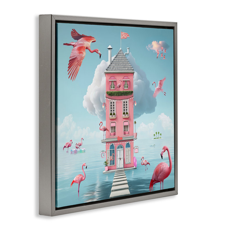 Hôtel Flamingo sur cadre flottant, design Lori Lea Studios, H 18 po x l 18 po, Cadre flottant gris lustré