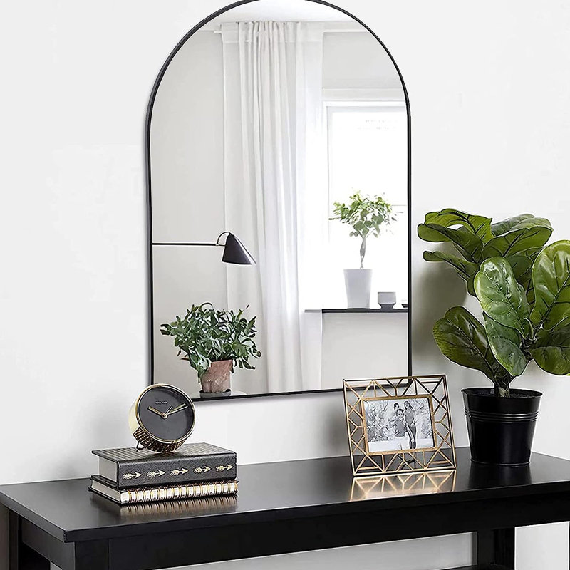 Miroir de salle de bain arqué en métal noir 20 po x 30 po pour mur., Aluminium, Noir, 30 po x 20 po