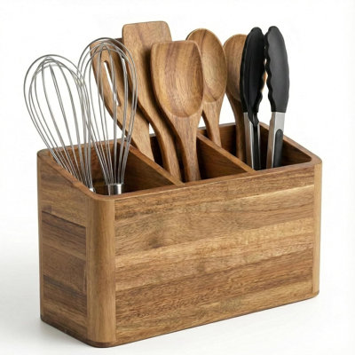 Grand porte-ustensiles de cuisine pour comptoir ou comptoir, grand porte-ustensiles en bois pour la cuisine de rangement et l'argenterie avec 3 compartiments, contenant en bois d'acacia rustique très grand