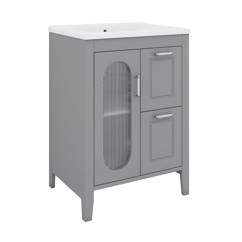 Meuble-lavabo 24 po avec lavabo, armoire en bois massif avec porte en verre et 2 tiroirs, Gris