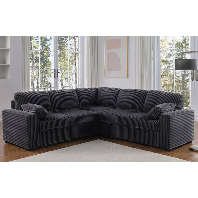 91" Corduroy Suqare Arm Sectional Sleeper Sofa L Shaped Sectional Sofa With Pull Out Sleeper Bed, Dark Gray Corduroy