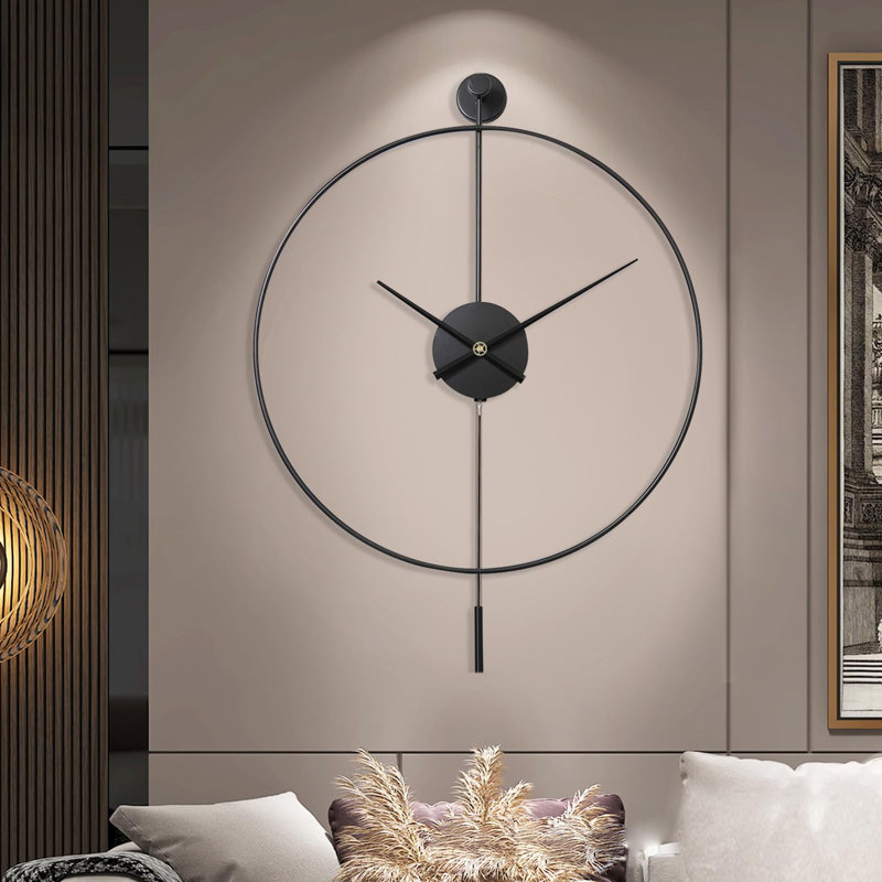 Classical Large Decorative Wall Clock With Pendulum, Modern Non-Ticking Silent Metal Wall Clocks, Black