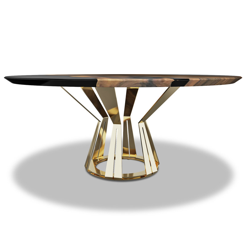 Walnut Round Metal Base Dining Table, H75 x L137 x W137cm, Black/Brown, Gold