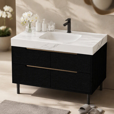 Meuble-lavabo moderne de 35,4 po avec lavabo sous comptoir, plateau en pierre frittée, bois massif multicouche imperméable, rangement à 4 tiroirs, autoportant / mural