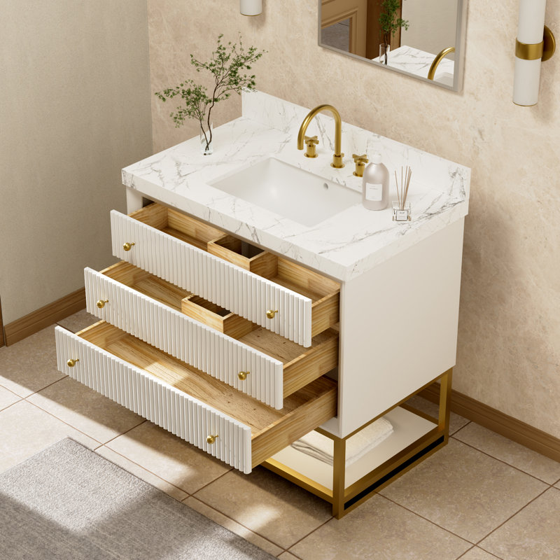 36 po X P 22 po P 35,4 po Meuble-lavabo simple H en blanc avec plateau en marbre blanc, Blanc, 36"