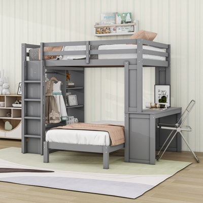 Wood Bunk Bed With Removable Lower Bed, Built-In Desk, Shelves And Wardrobe