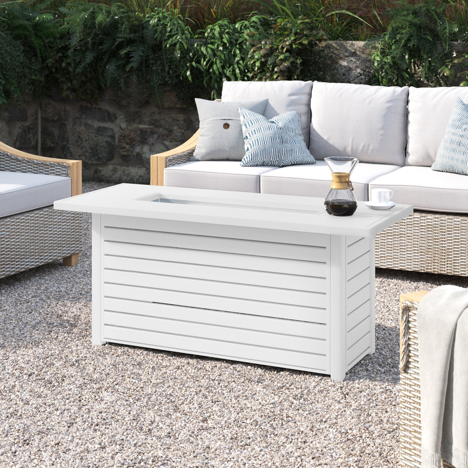 Casselton Rectangle Fire Pit Table, 25" H x 54" W x 22" D, White
