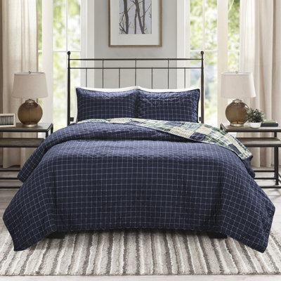 Courtepointe réversible / bleu marine / grand, imprimés patchwork et écossais, rembourrage en coton, literie 3 pièces avec fermeture à glissière - bleu marine, à carreaux, fermeture à glissière pour chambre de luxe