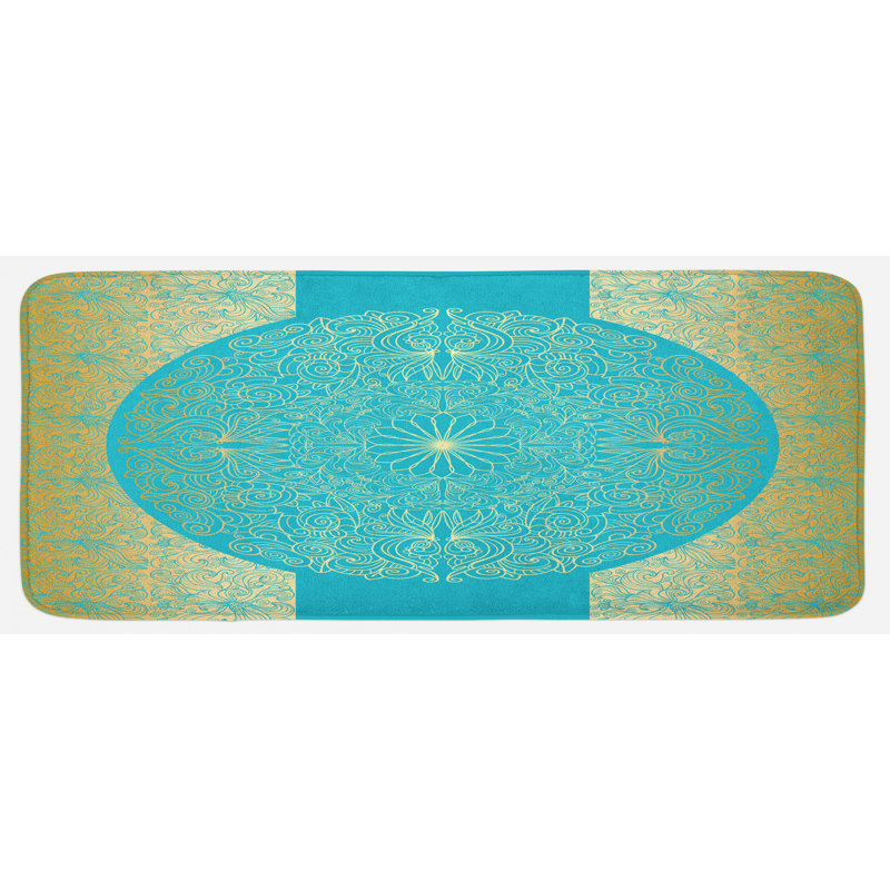 Tapis de cuisine bleu ciel et bordures en forme circulaire et bordures en forme de structure vibrante