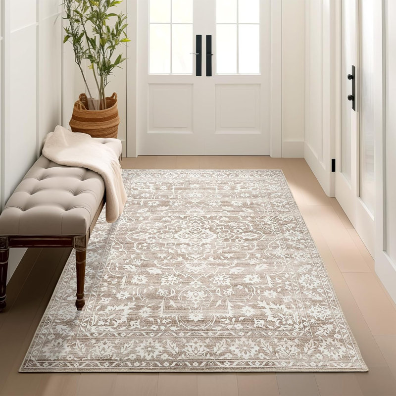 Machine Washable Medallion Floral Area Rug(Brown), Rectangle 4' x 6'