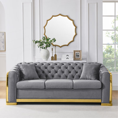 Luxurious Velvet Chesterfield Sofa Set With Gold Stainless Steel Accents For A Stylish Living Room Upgrade.