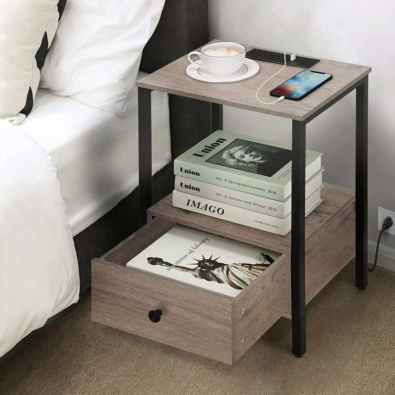 Table d'appoint avec chargeurs et tiroirs, Brun / noir