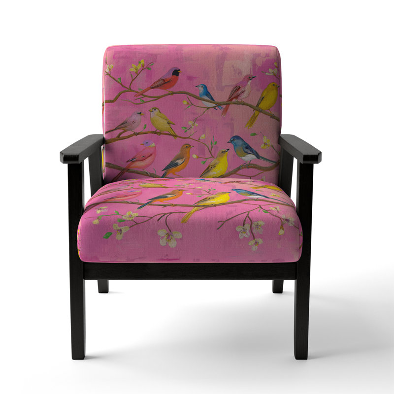 Fauteuil rembourré en velours multicolore Bird On Tree, Mélange de polyester rose, Noir