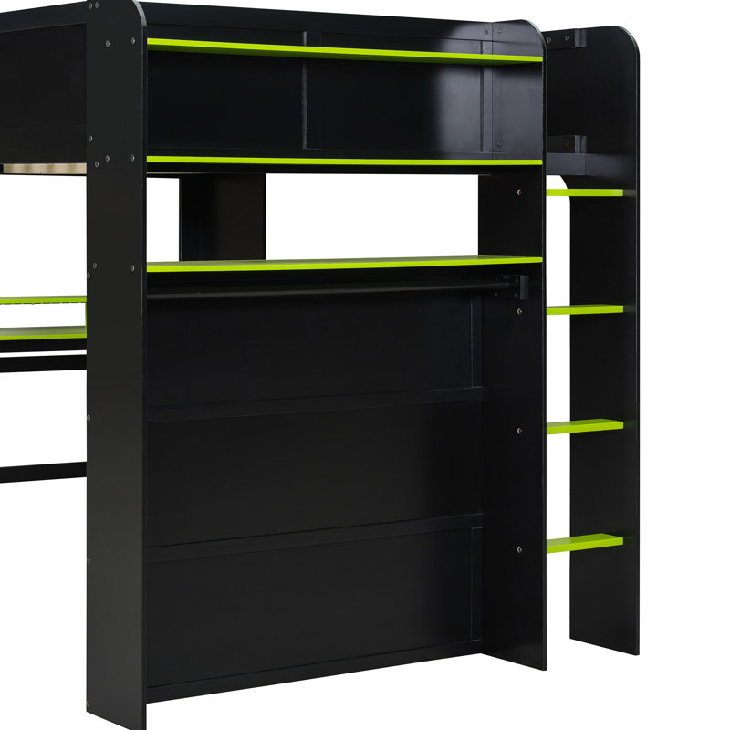 Lit superposé double avec esthétique de jeu, trous de câbles et tringles suspendues bleu ciel sous la tour PC, éclairage, tiroirs de rangement