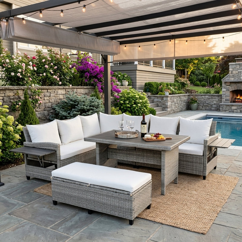 Ensemble de canapé modulaire en rotin de polyéthylène 5 pièces avec 2 tables d'appoint pliables, ensemble de mobilier de jardin en osier en forme de L avec table de salle à manger et banc, coussins
