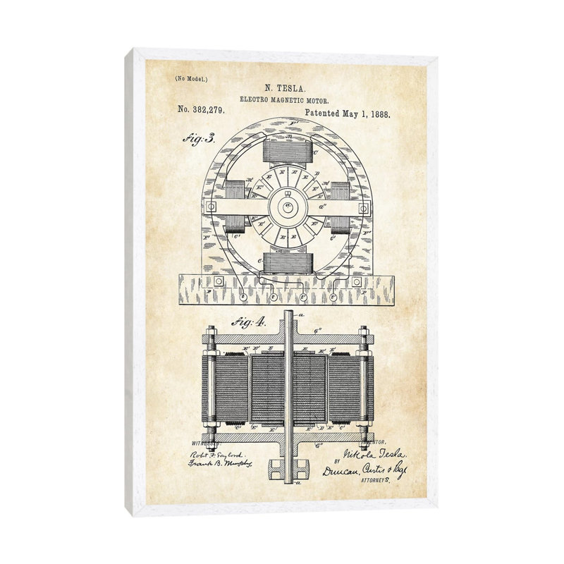 Nikola Tesla Electromagnetic Motor by Patent77 - Floater Frame Gallery-Wrapped Canvas Giclée on Canvas, White