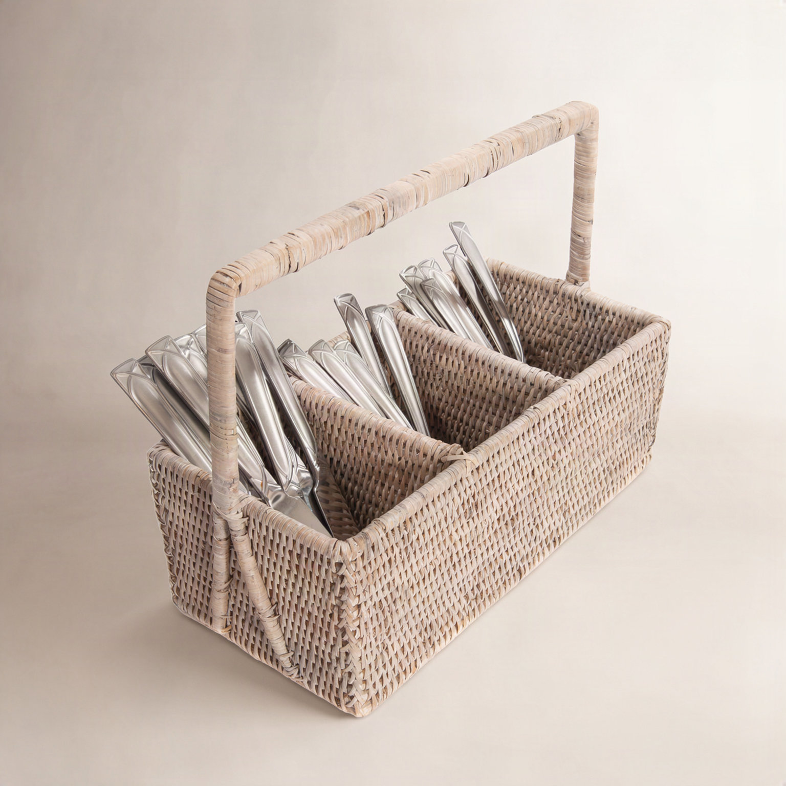 Camden Rattan Rectangle Flatware Caddy, White Wash