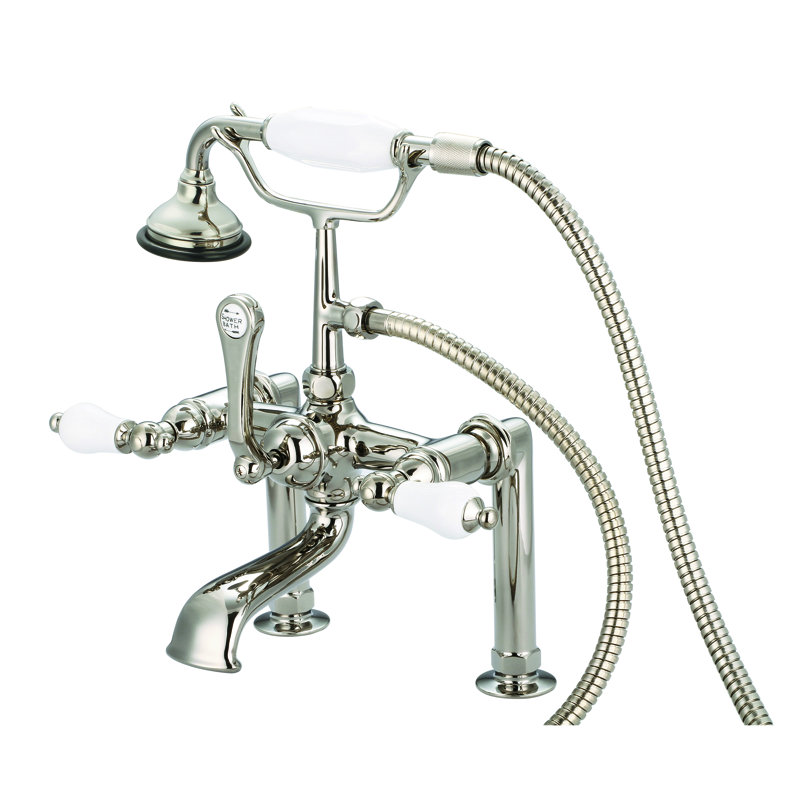 Stonington Deck Tub Spout, Polished Nickel, Porcelain Lever Handles