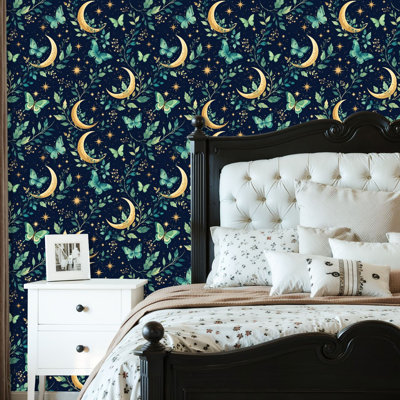 Peel and Stick Wallpaper Contact Paper Whimsical Moon Butterfly Self Adhesive and Removable 24in x 118in(60x300cm)