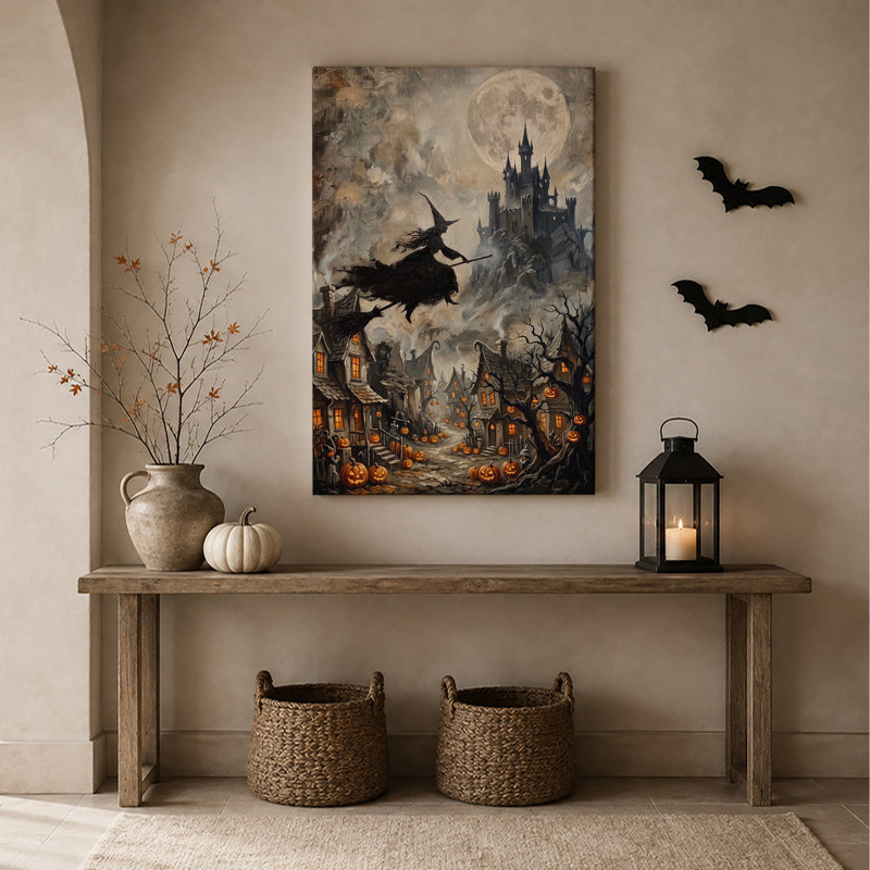 «Flying Witch Over Spooky Village with Pumpkins», art mural sur toile, H 48 po x l 32 po