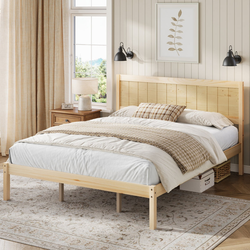 Base de lit plateforme avec tête de lit, support en lattes de bois, Natural