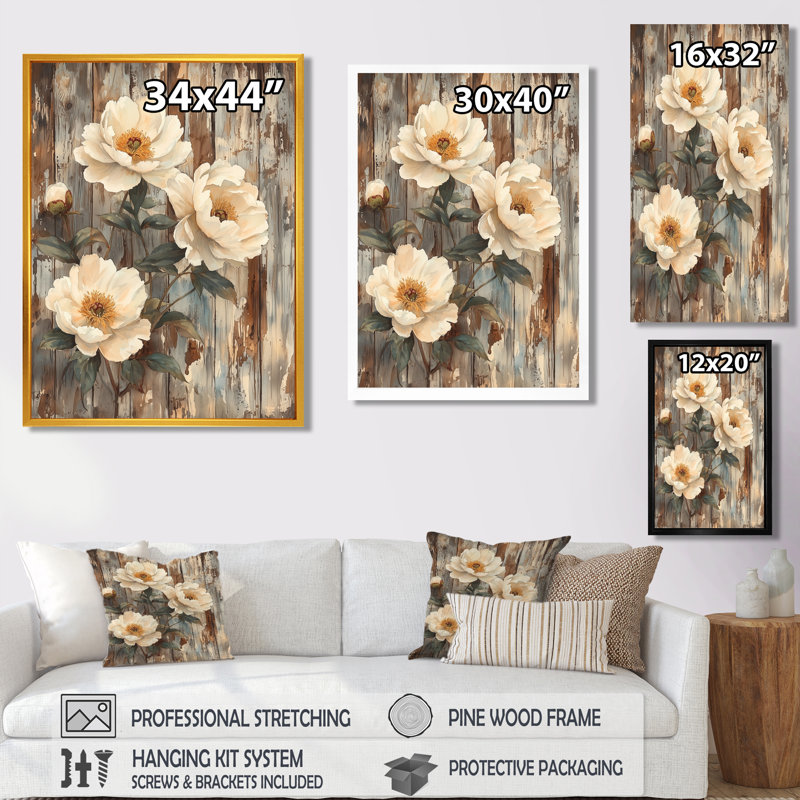 Pe pivoines par la porte de grange III - pivoines, reproduction d'art sur toile encadrée, Noir, H 20 po x l 12 po