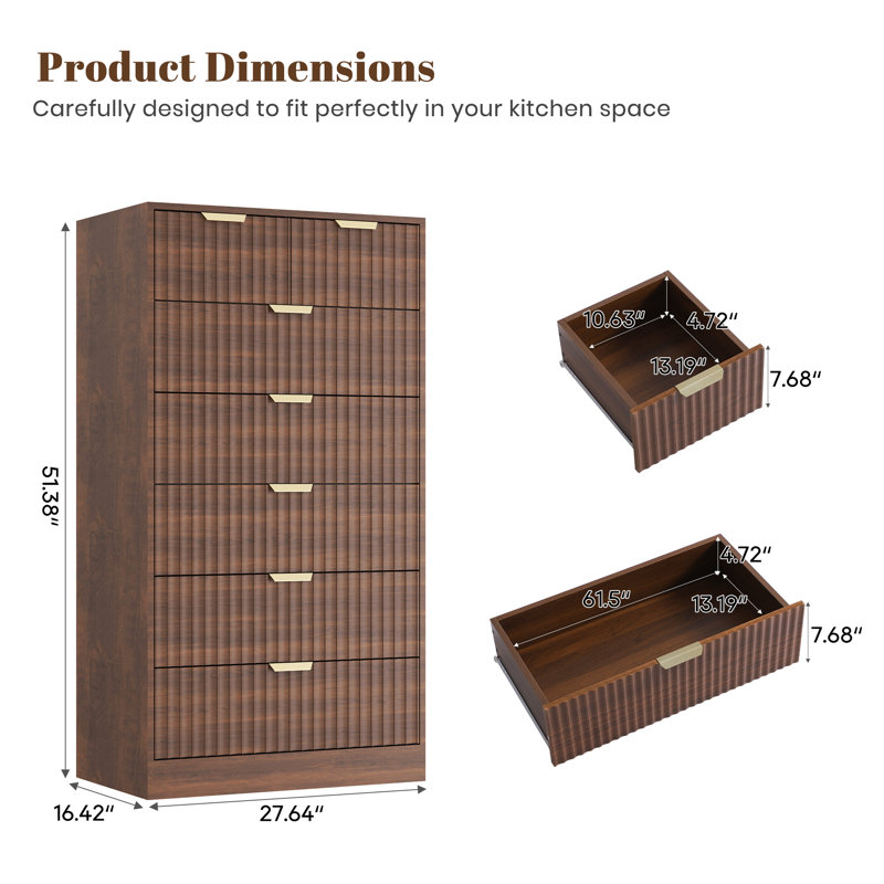 2-piece Set Fluted Tall 7 Drawer Dresser, 51.38" Vertical Storage Chest With Deep Drawers, Modern Wood Clothes Organizer Cabinet, Dressers & Chests Of Drawers With Large Capacity For Bedroom, Entryway, Living Room 