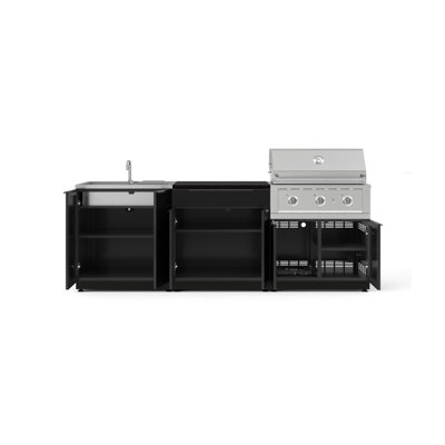 Ensemble de cuisine extérieure en aluminium noir, 5 pièces, comprenant un bar, un barbecue, un meuble-évier, un barbecue haute performance au propane de 84 cm et un comptoir en pierre reconstituée grise de 81 cm.