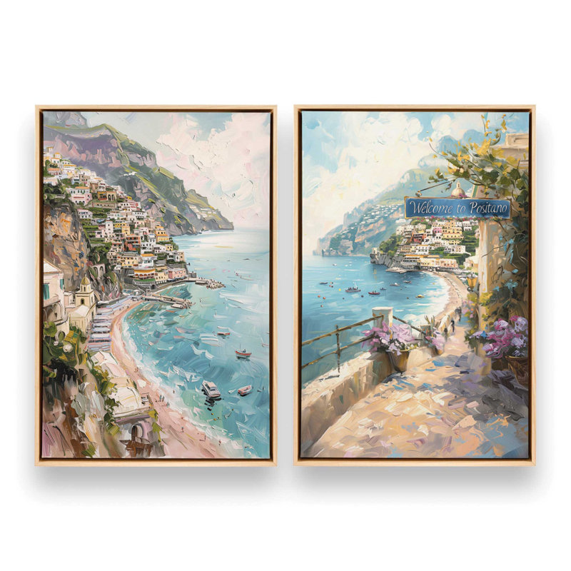 Ensemble 2 pièces Coastal Charm Paradise sur toile par Azure Artisanal Studio, Cadre américain en érable flottant