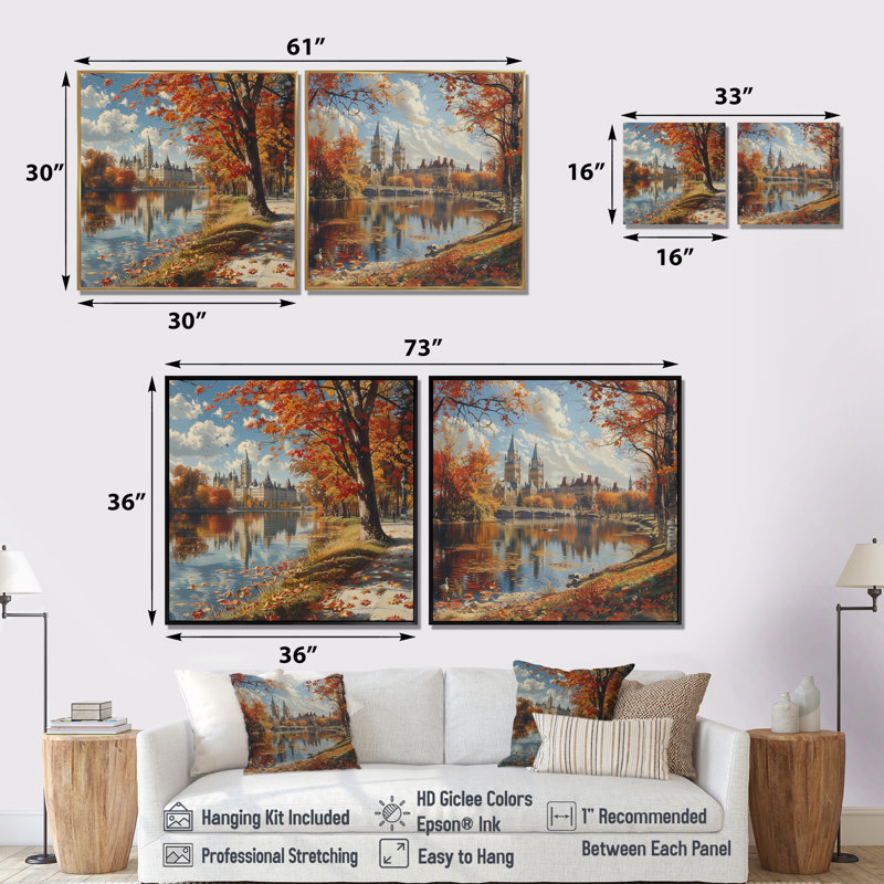«Autumn Grand River In Ottawa I», art mural ville Ottawa, ensemble de 2 décorations murales traditionnelles, Argent argent