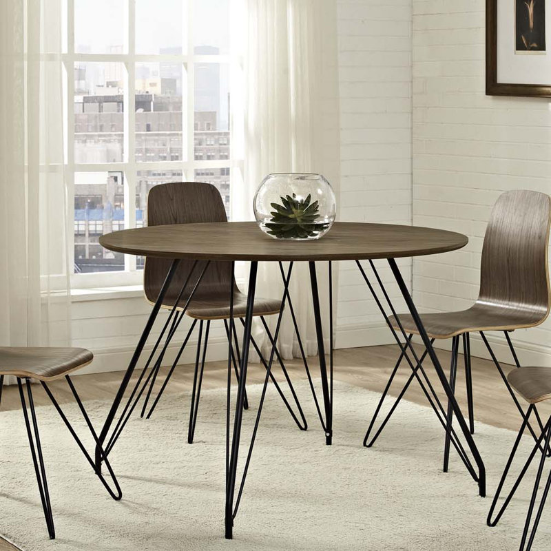Round Walnut Wood Mid-century Modern Dining Table