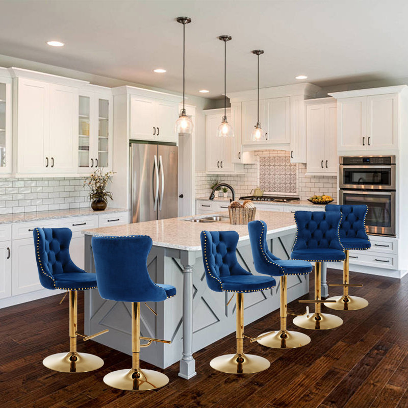 360°Swivel Adjustable Counter Height Bar Stools, Gold, 6, Blue