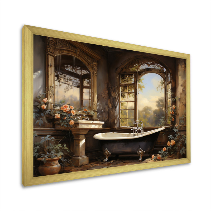 «Bathroom Vintage Elegance I» - Art mural de salle de bain, H 12 po x l 20 po x P 1 po, Cadre doré simple