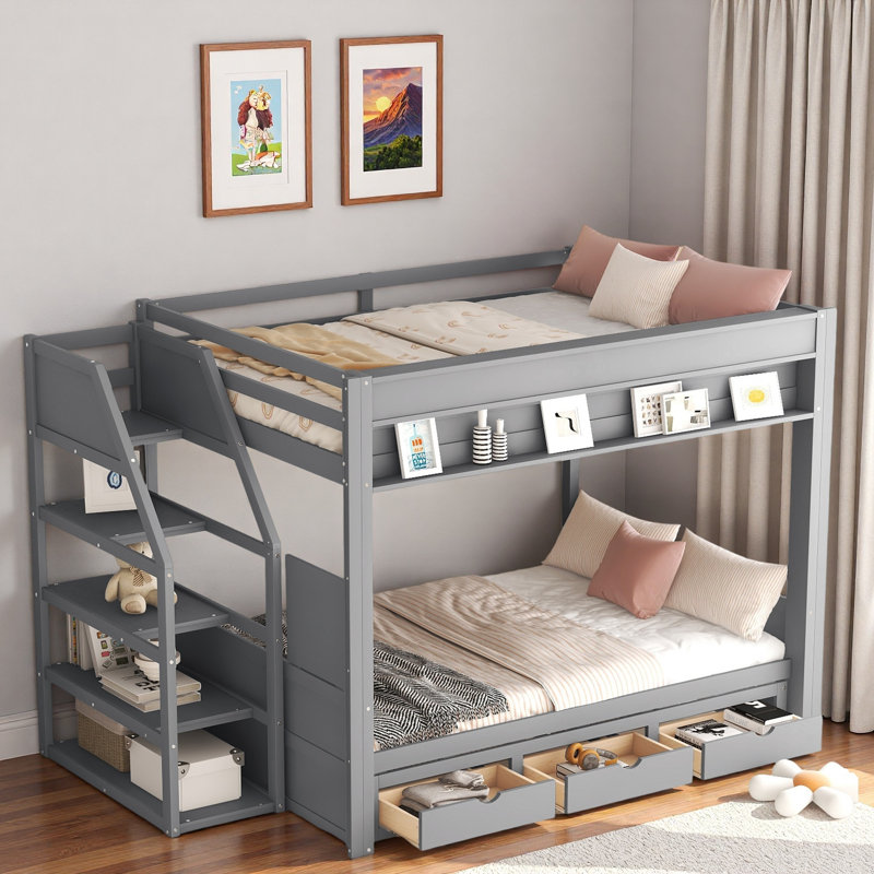 Lit superposé convertible avec escalier de rangement, table de chevet et 3 tiroirs, Gris