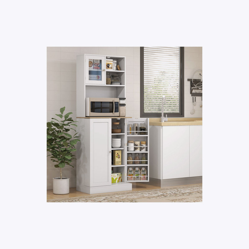 Armoire de cuisine avec support à micro-ondes 66,5 "avec support pour micro-ondes HOMCOM, 8 tablettes de porte, tablettes réglables, armoire à nourriture pour salle à manger, blanc