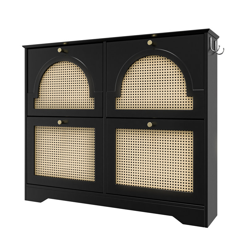 Mid - Century, Narrow Shoe Cabinet, 4 Woven Flip Drawers, Black , Freestanding, 2 Hooks, Ventilated, Safe Setup Rack,