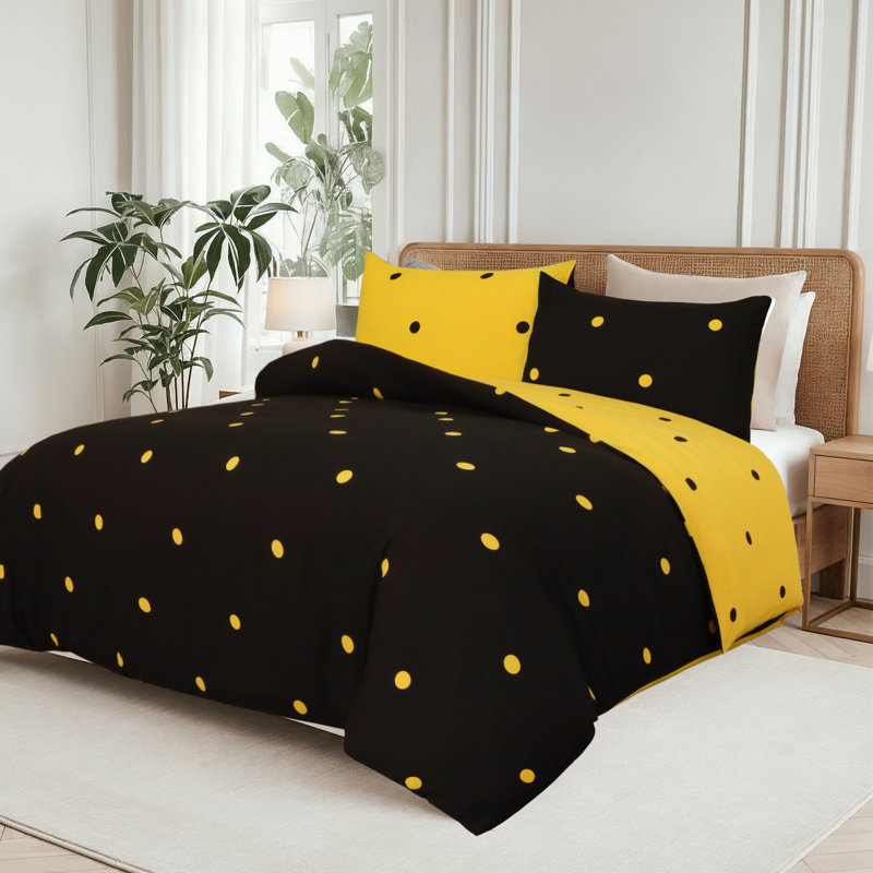 Dual Pattern Reversible Brushed Microfiber Printed Duvet Cover Set With Matching Pillow Covers, Black/Yellow Polka Dots