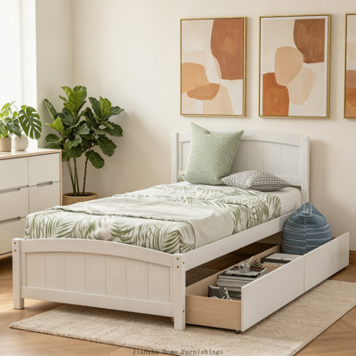 Lit plateforme simple en bois avec deux tiroirs, blanc