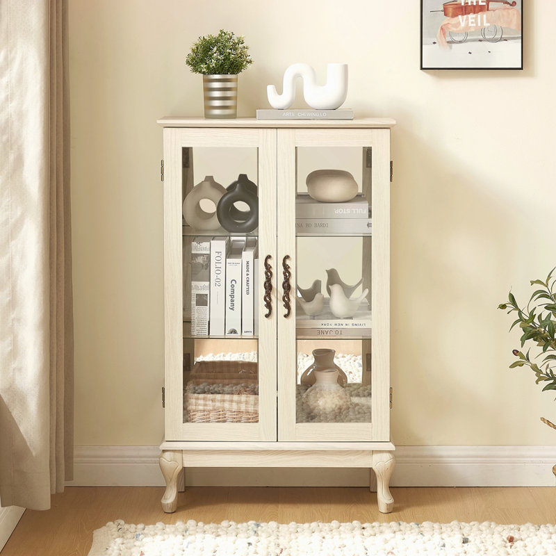 2 Doors Curio Cabinet With Tempered Glass Doors, Curio Cabinets With Mirrored Back Panel And Adjustable Shelves, Lighted Display Cabinet For Home, Office Light Bulb Included