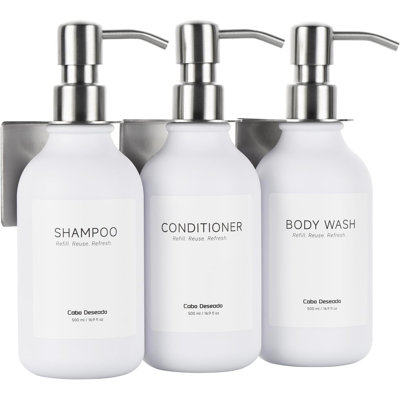 Shampoo and Conditioner Dispenser - Shower Soap Dispenser 3 Chamber No Drill - Bathroom Soap Dispenser Wall Mount Adhesive - White PET Bottles with Silver Stainless Steel Pumps Set Refillable 1500ml