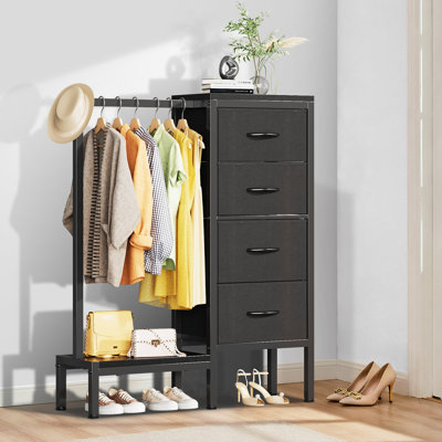 Commode 4 tiroirs avec support suspendu et tablette ouverte, petit placard en tissu 2 en 1 pour le couloir du salon de la chambre à coucher, noir