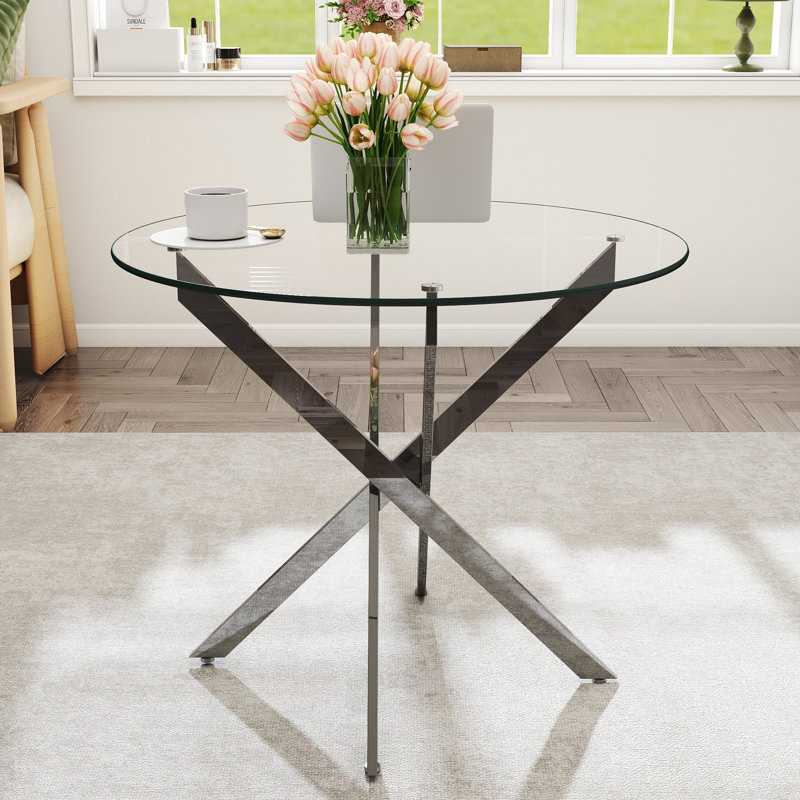 Modern Glass Top Dining Table, Metal Cross Legs Kitchen Dining Room Table, Silver