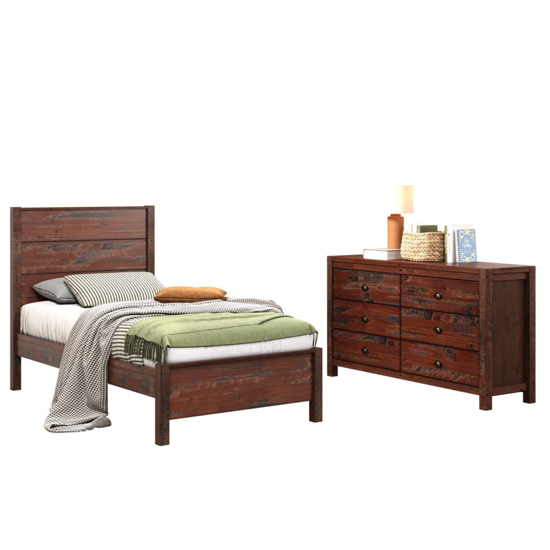 Ensemble de 2 articles pour chambre à coucher, un lit simple et une commode double à 6 tiroirs Hibir, Rustic Walnut, Twin