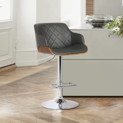 Jaxxon Swivel Adjustable Height Barstool with Metal Base in Wood, and Faux Leather